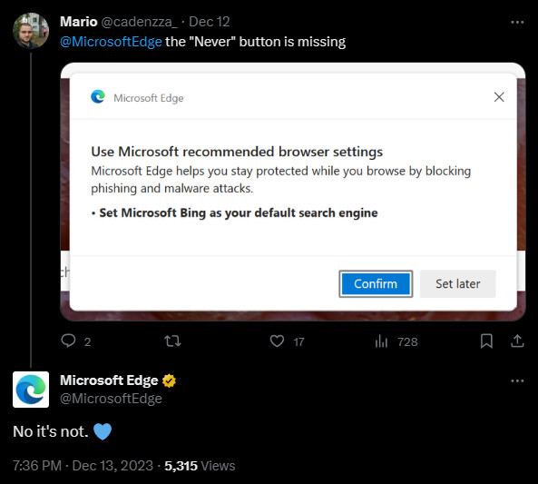 Microsoft broni praktyk narzucania się Bing w Edge