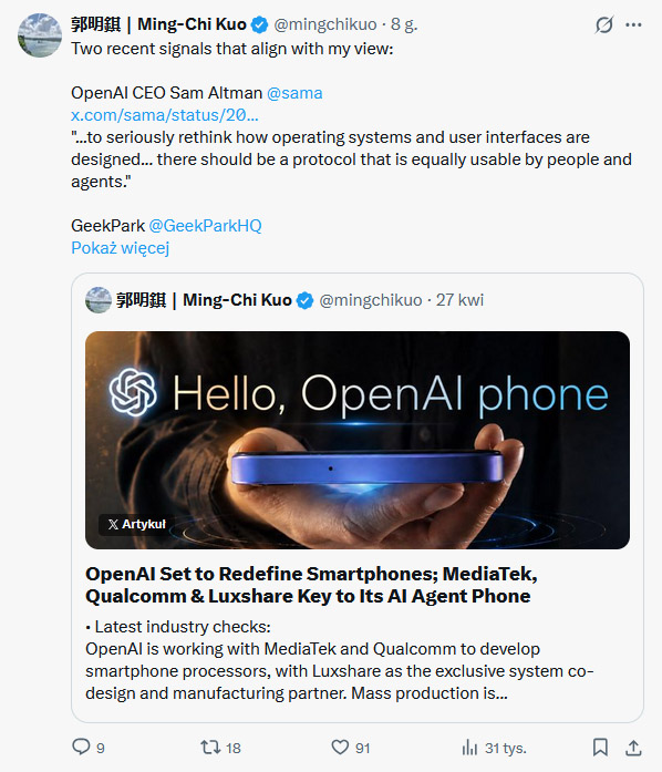 Smartfon OpenAI nadchodzi? Agent AI ma zdominować system