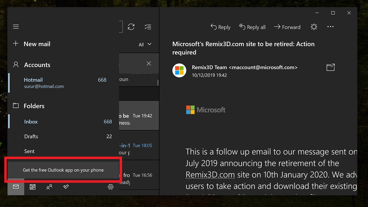 Reklamy w Poczta Windows 10