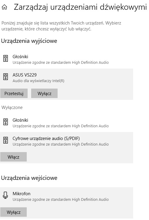 Urządzenia wyjścia i wejścia dźwięku w Windows 10
