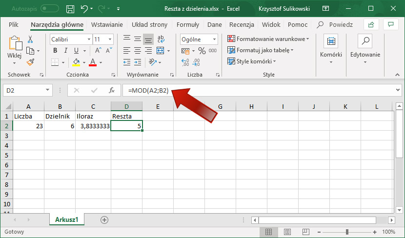 Excel - jak obliczyć resztę z dzielenia