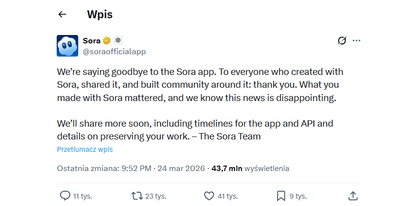 OpenAI zamyka Sorę. Koniec generatora filmów AI
