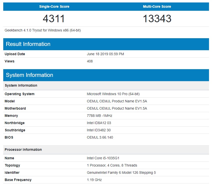 Geekbench Surface Pro 7