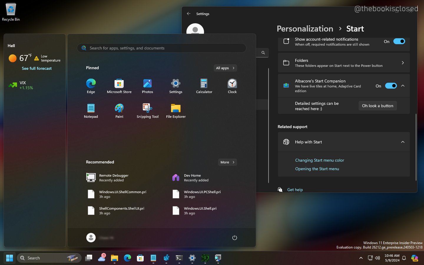 Menu Start z przypiętym paskiem widżetów na Windows 11