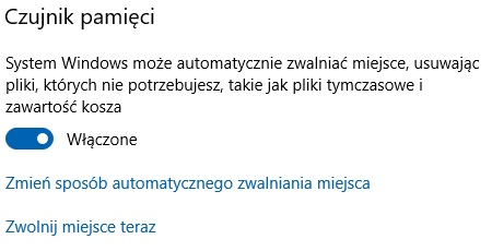 Sekcja czujnika pamięci w ustawieniach systemu Windows 10