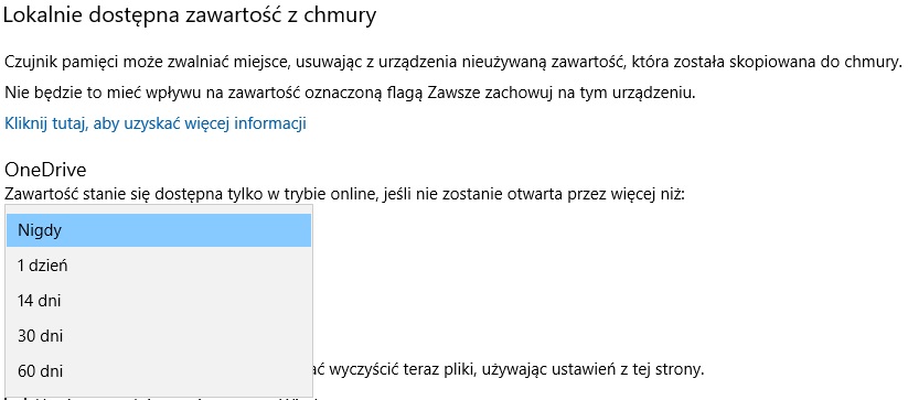 Menu wyboru czasu przenoszenia nieużywanych plików do trybu online