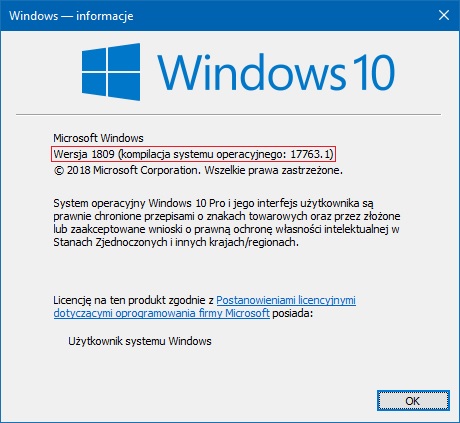 Panel informacji o systemie Windows 10